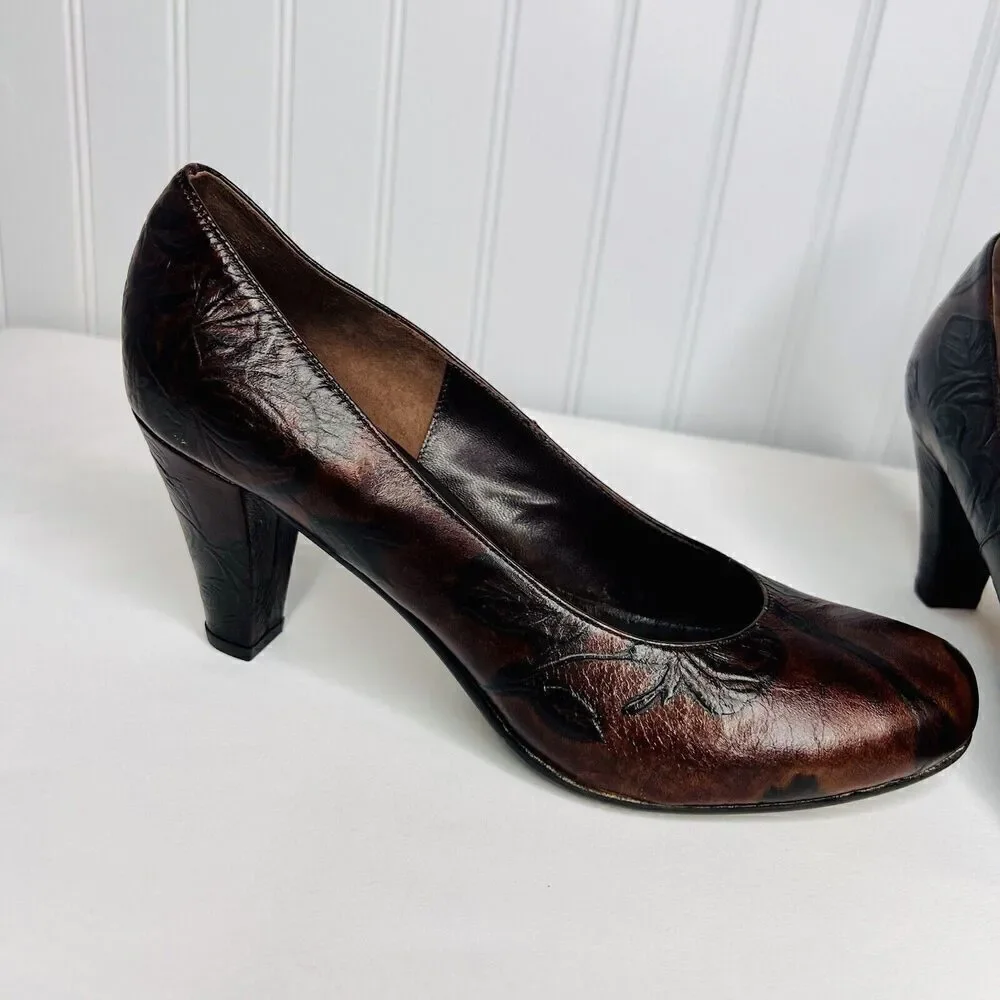 Cuoieria Fiorentina Italy Tuscan Sz 8.5 Heels Chocolate Brown Leather Floral